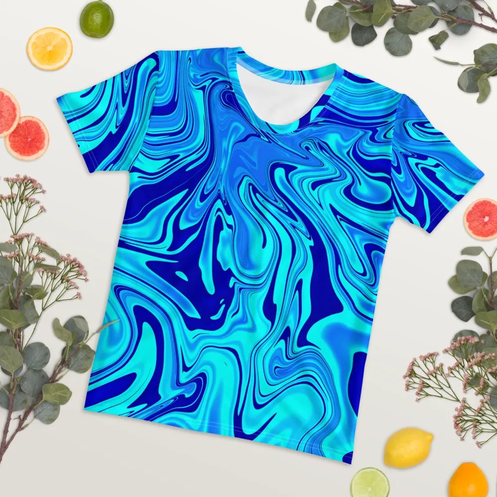 Women's Crew Neck Tshirt - Light and Dark Blue Digital Fluid Art product image (6)
