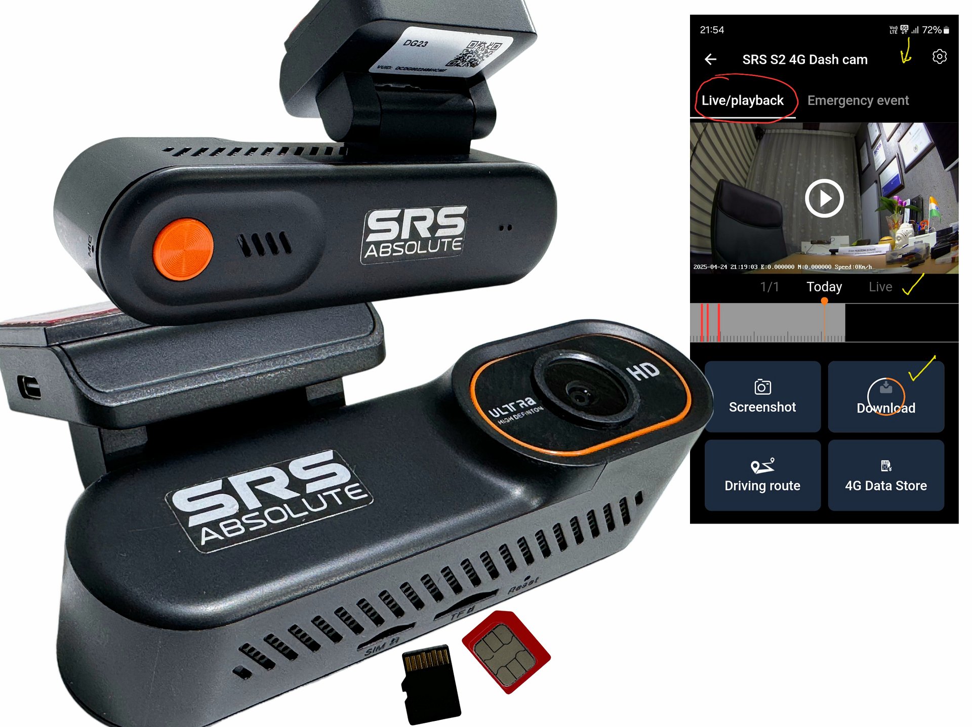 SRS ABSOLUTE Plug/Play 2K 4G DashCam| GPS+Live Video Monitor | Download/Playback/Livestream| GPS Tracking | Geo-Fence | Hyper Lapse | G-Sensor| Motion Sensor| 1TB MicroSD support (S2 2K 4G) product image (1)
