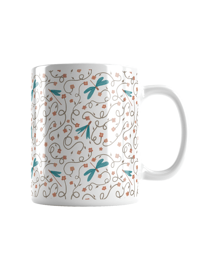 White glossy mug with dragonfly and floral pattern. Artistic nature inspired design product image (2)