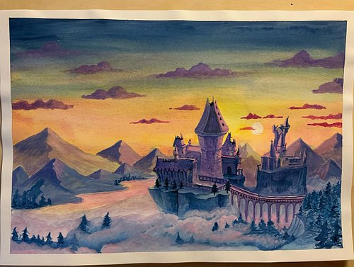 Taianomainen linna kohoaa usvan ja vuorten ylle – ilta-auringon säteet tuovat taikamaailman eloon. 🌄✨ Tämä guassimaalaus vie ...