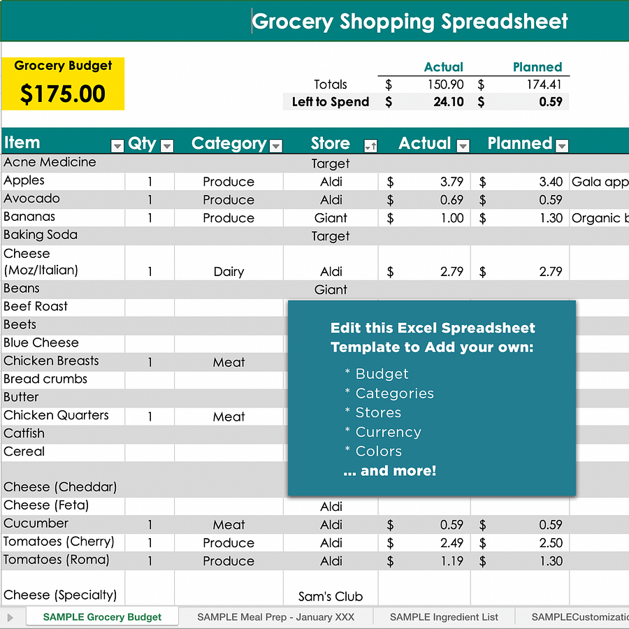 Grocery Budget & Shopping List Excel Spreadsheet Template product image (6)