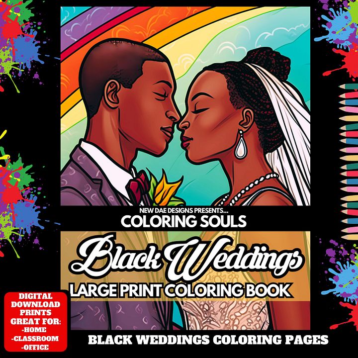 Black Wedding Large Print Coloring Book Pages - Instant Digital Download product image (1)