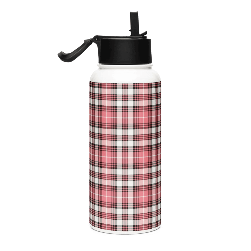 Coral Pink, Black, and White Plaid Water Bottle product image (1)