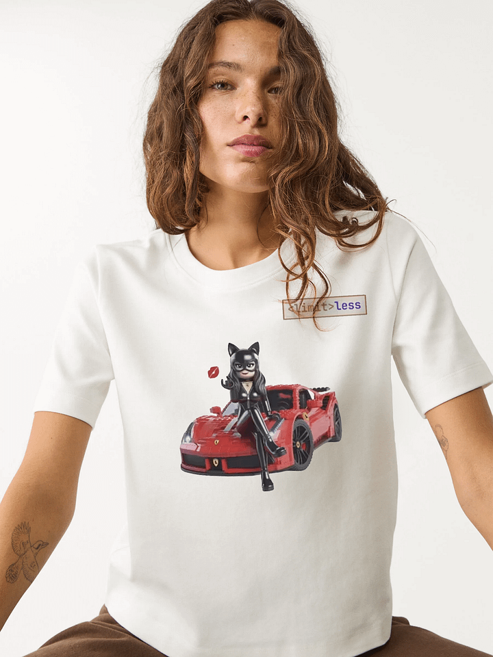 LEGO-Style Catwoman Blowing a Kiss on Ferrari – Geek T-Shirt Design product image (1)