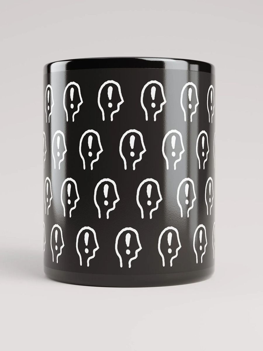 EXCLAIMING MENTALLY (white repeating design) glossy black mug product image (10)