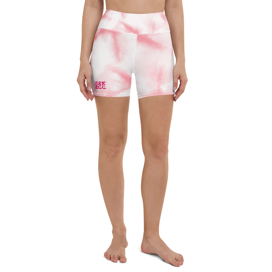 All-Over Print Yoga Shorts | with Inside Pocket | BRN.2C.C.™ | Coastal-Inspired Activewear | Vibrant Pink Logo on Pink Tie-Dye product image (4)