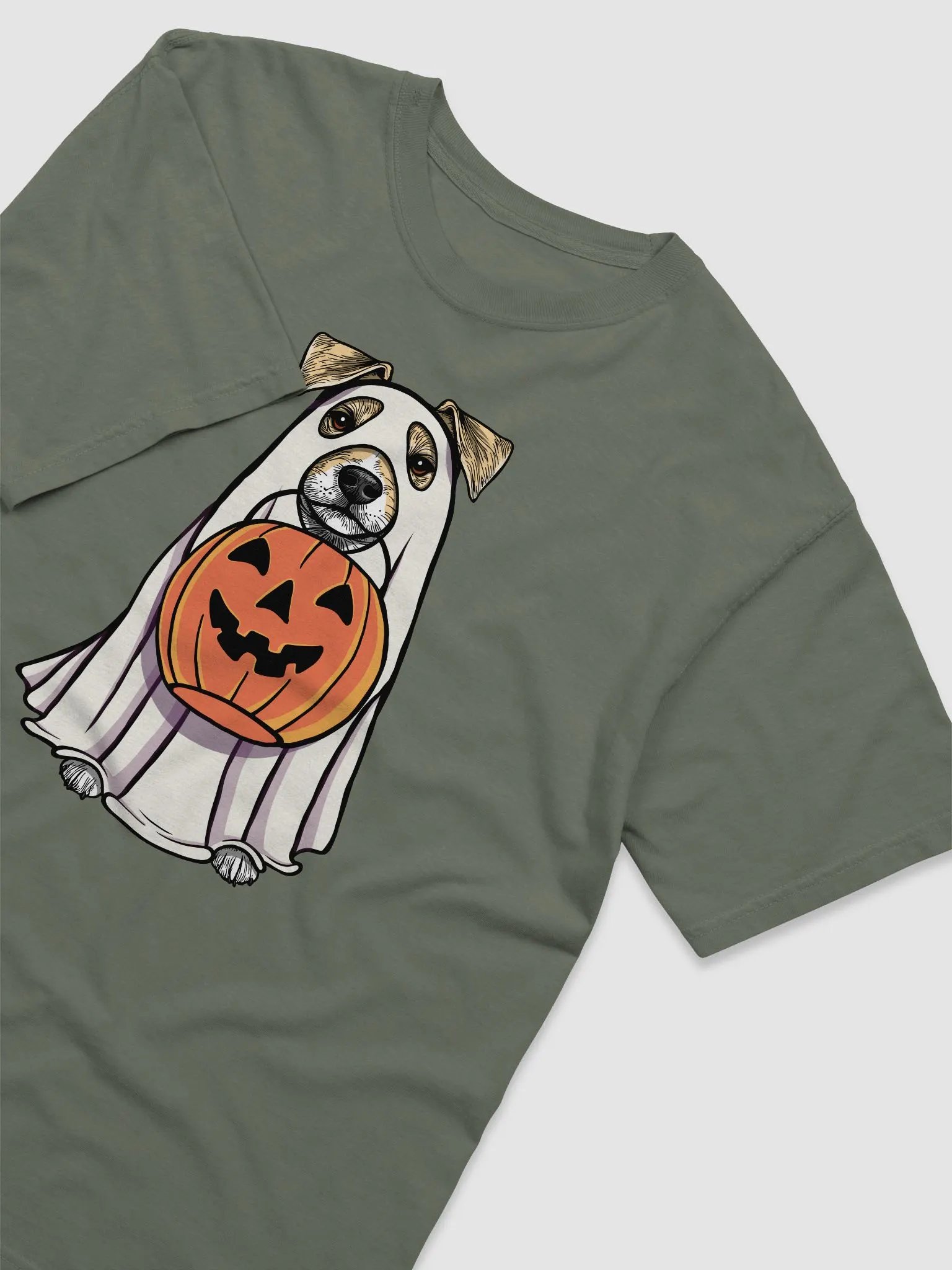 Funny Halloween Jack Russell Terrier(Lemon) T-Shirt | Funny JRT Wearing a Ghost Costume and Holding a Pumpkin Basket product image (14)