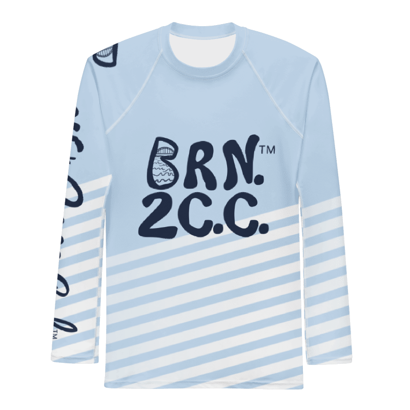 BRN.2C.C.™ /BOURNE to Cape Cod™ | Men’s Long Sleeve Rash Guard | UPF 50+ Active Coastal Shirt | Navy Blue Logos on Skyline Stirpes product image (7)