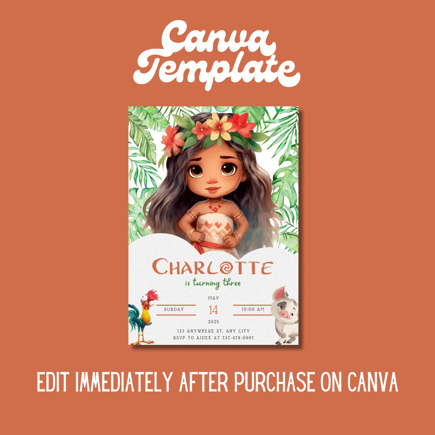 Moana Themed Invitation Template – Canva Editable Tropical Invite product image (4)