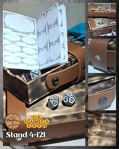 So... about that blow torch... The mystery project is ready to reveal!

These burnt wood dice boxes are finished with leather...
