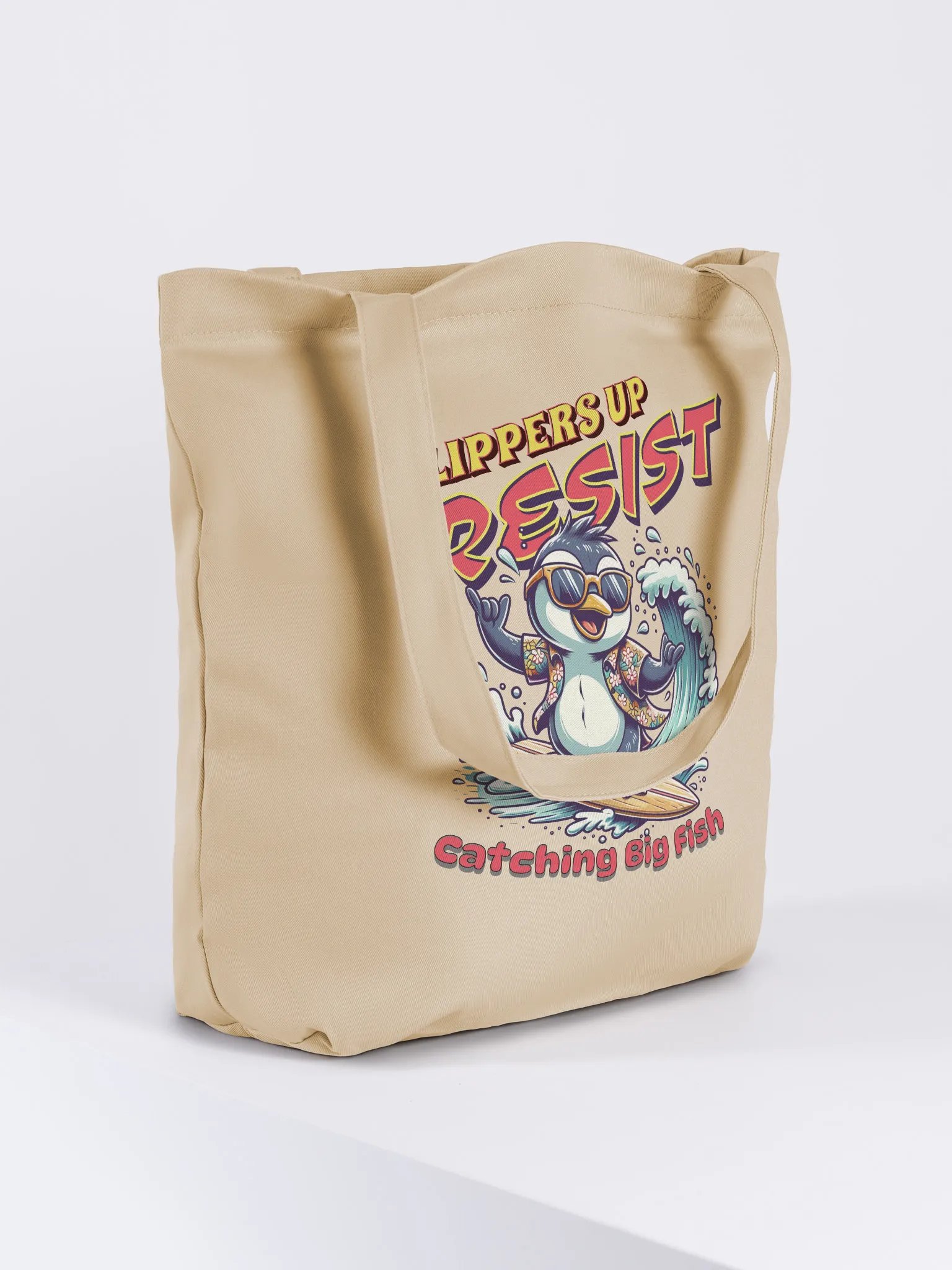 Flippers Up Resist Catching Big Fish Penguin Surfing Eco Tote Bag product image (1)