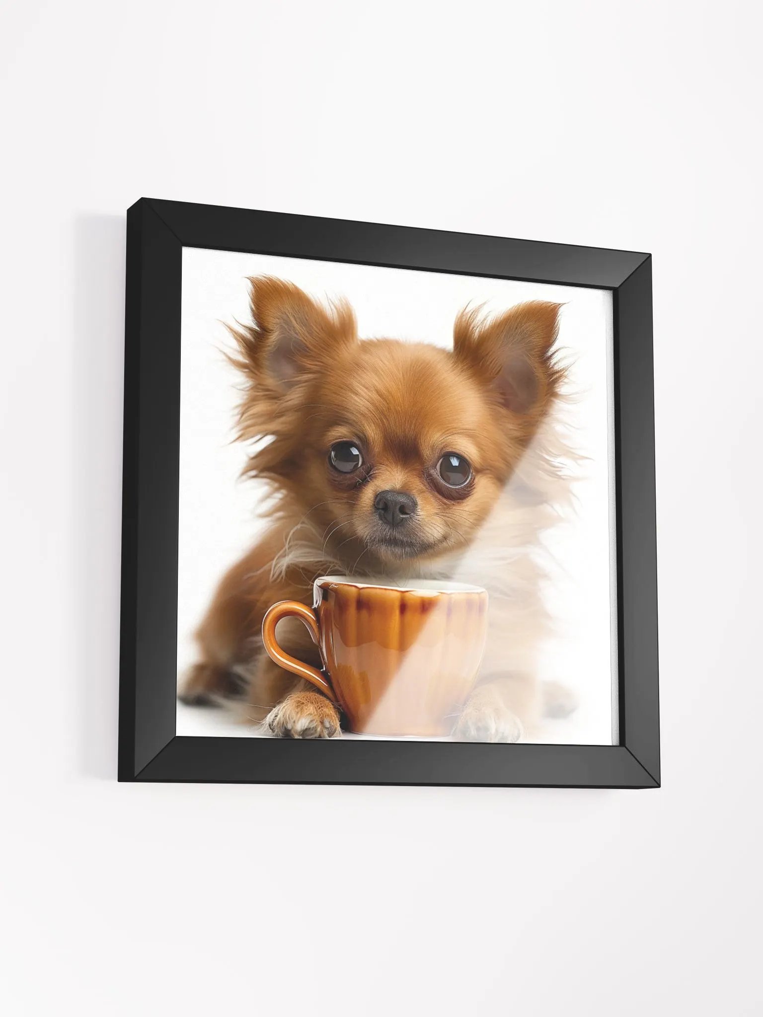 Coffee Lover Cute Tan Long Haired Chihuahua Puppy Framed Wall Art product image (3)