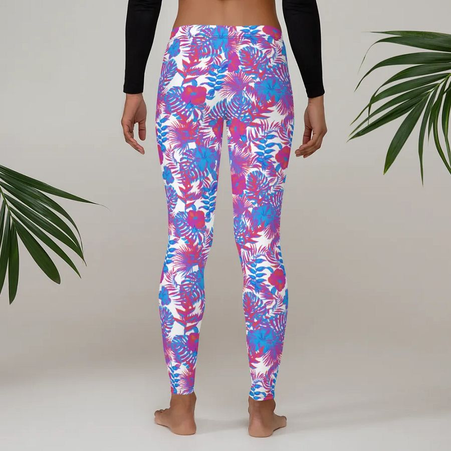 leggings  in  blue and pink colors tropical leaves design. Perfect for holiday vibes product image (5)