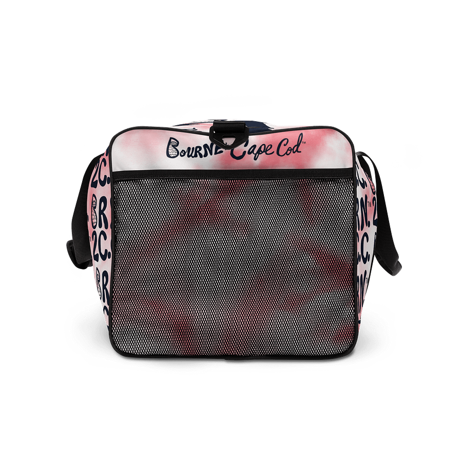 BOURNE to Cape Cod™ | Duffle Bag | BRN.2C.C.™ | Coastal Gym & Travel Gear | 22" All-Over Print Weekender | Navy Blue Logos on Pink Tie-Dye product image (7)