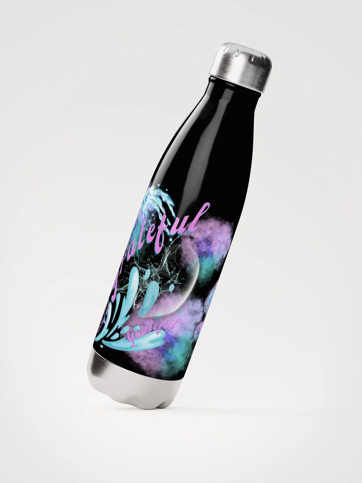 water bottle with beautiful swirly blue water splash and drops design featuring “Grateful’ product image (2)