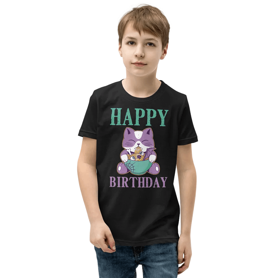 Happy Birthday (Spooky Cat Eating Noodles) T-Shirt For Kids product image (1)
