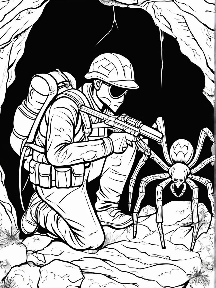 color page for soldier and spider in cave printable easy product image (1)