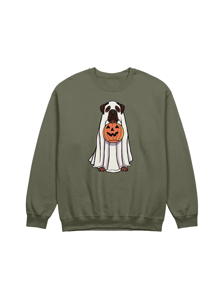 Funny Halloween Bullmastiff(Brindle) Sweatshirt | Funny Bullmastiff Wearing a Ghost Costume and Holding a Pumpkin Basket product image (1)