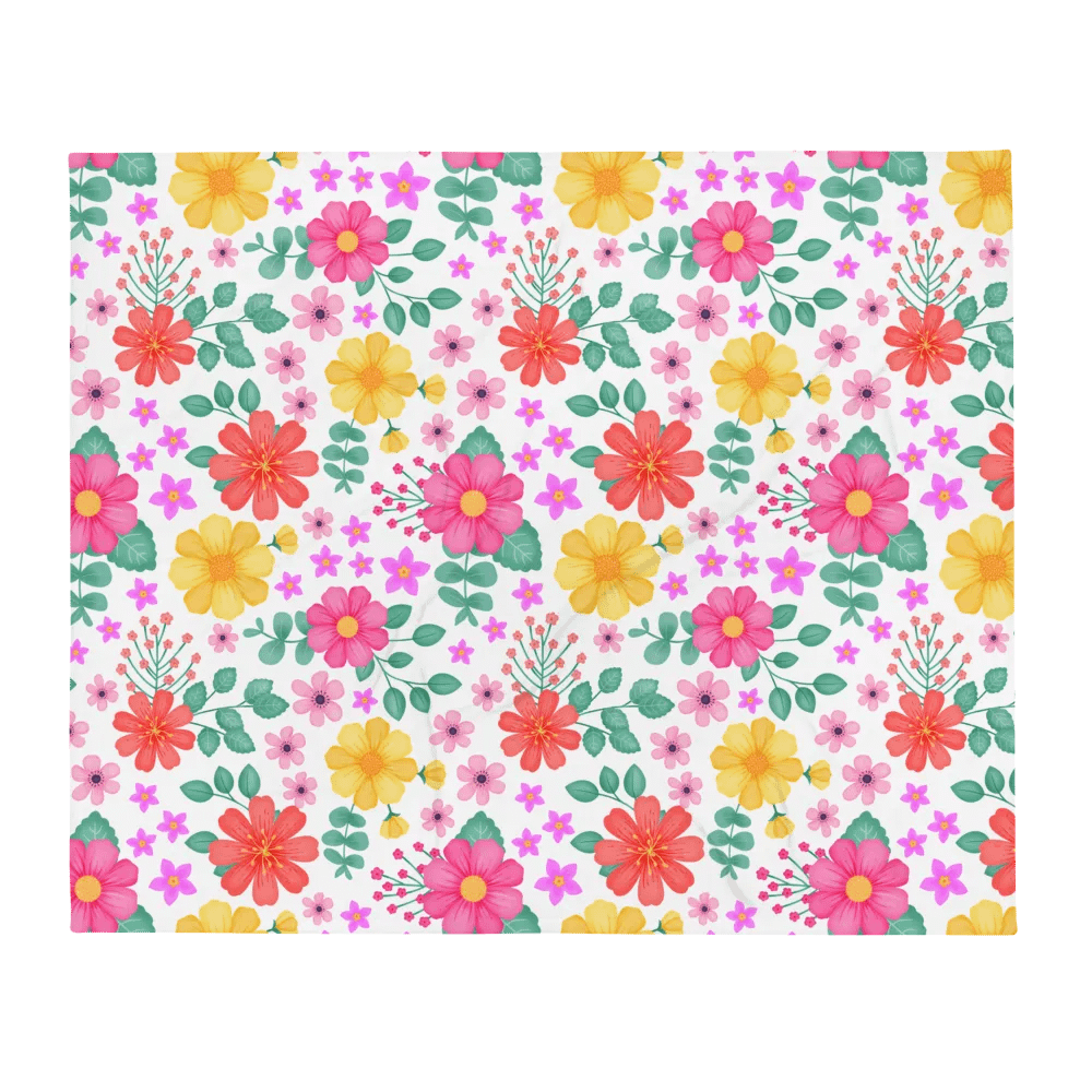 Vibrant Floral Blooms Pink Yellow Orange Blanket - White product image (2)