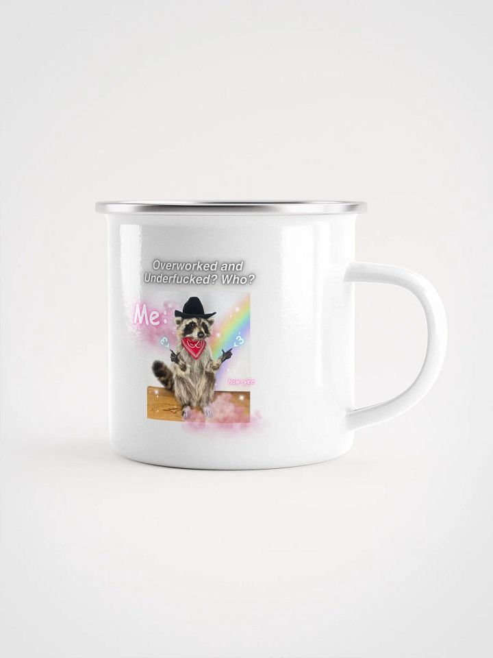 Overworked and Underfucked, Raccoon Cowboy, Enamel mug product image (1)