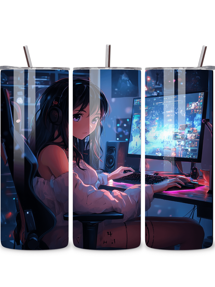 Anime Gamer Girl 20oz Skinny Tumbler with Metal Straw – Vibrant Gaming Setup Design – Double-Walled Insulated Stainless Steel Tumbler Gift for Anime and Gaming Fans (Anime Girl 2) product image (5)