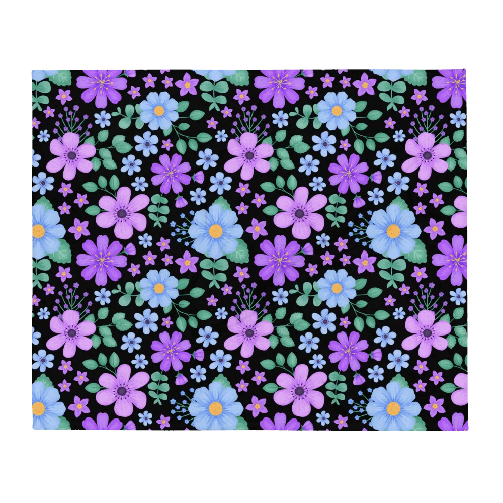 Vibrant Floral Blooms Blue Mauve Purple Blanket - Black product image (2)