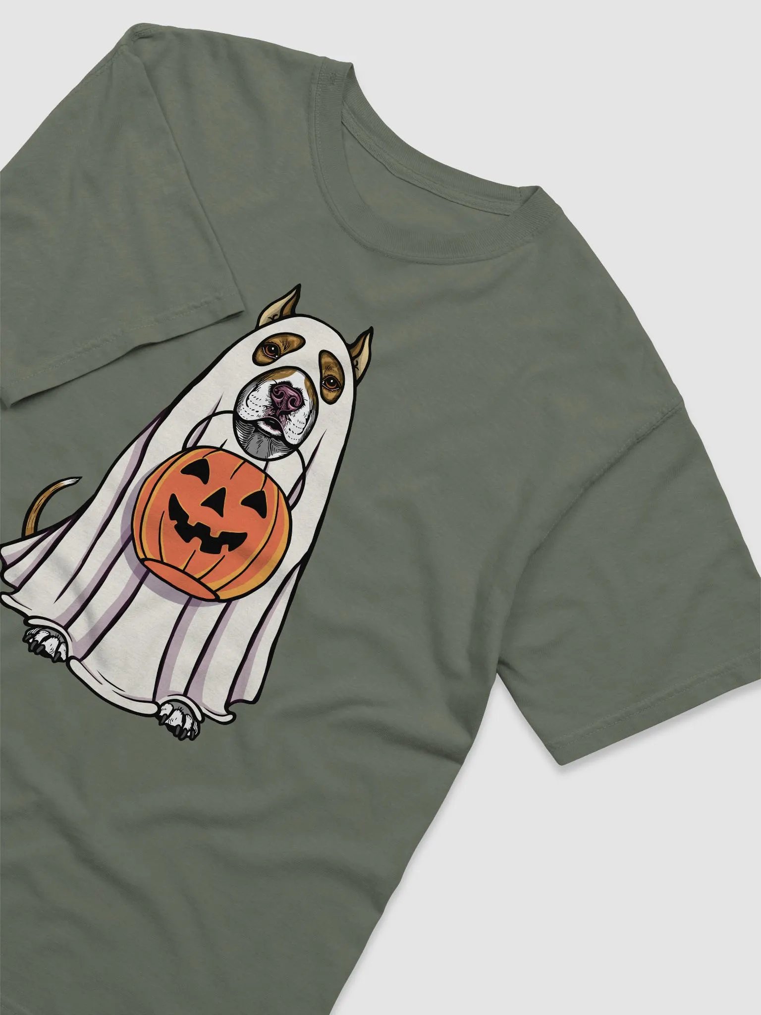 Funny Halloween Pitbull Terrier(Cropped Ears, Brindle) T-Shirt | Funny Pittie Wearing a Ghost Costume and Holding a Pumpkin Basket product image (14)