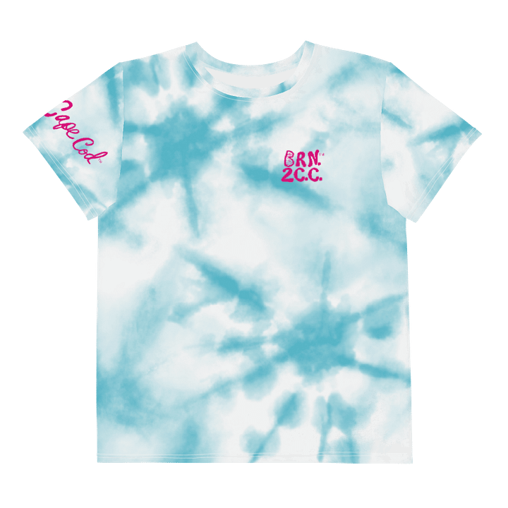 🦩YOUTH | Girls’ | BOURNE to Cape Cod™ | Logo Tee – All-Over Print | BRN.2C.C.™ | Coastal Cutie Vibes💖 | Pink Logo on Blue Tie-Dye product image (1)