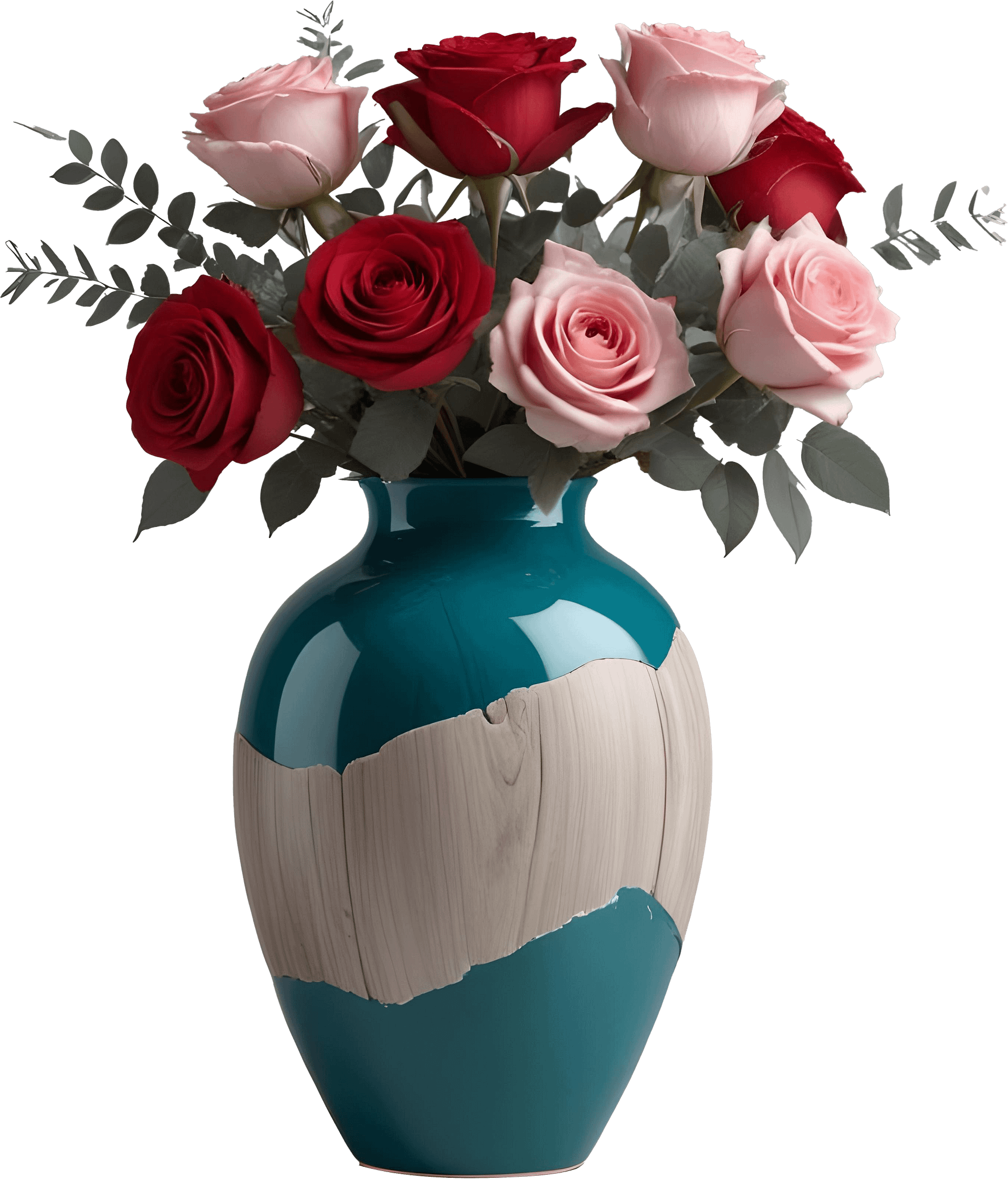 Romantic Teal and Wood-Textured Vase with Roses PNG product image (1)