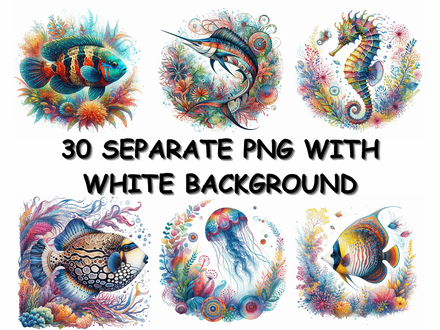 Watercolor Graceful Fish Exploring a Colorful Underwater Garden PNG, Cute Sea Creatures Clipart, PNG Download, Sea Life Bundle product image (3)
