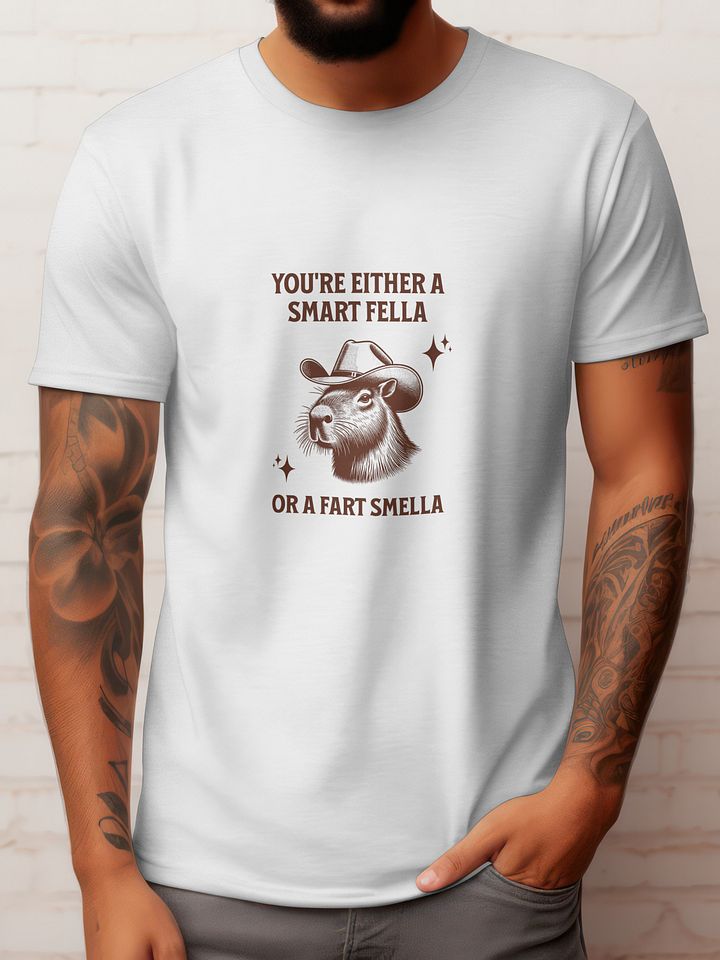 Funny Capybara Cowboy Retro T-Shirt – "You're either a smart fella or a fart smella" Meme Tee product image (2)