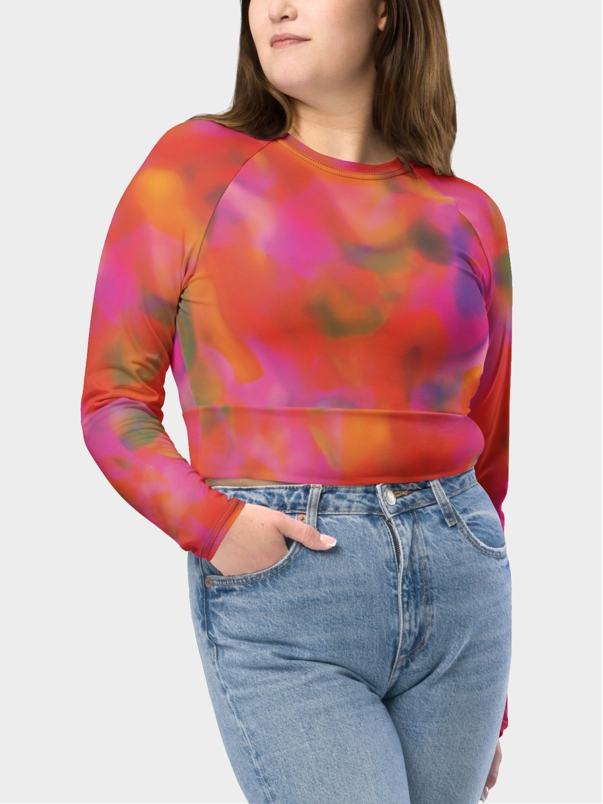 Recycled Long-Sleeve Crop Top "Trendy Vibrant Pink Orange Tie Dye Printed" product image (3)