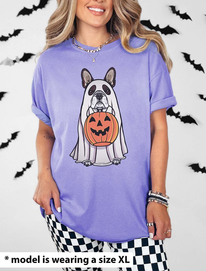 Funny Halloween Boston Terrier(Brindle) T-Shirt | Funny Boston Terrier Wearing a Ghost Costume and Holding a Pumpkin Basket product image (25)
