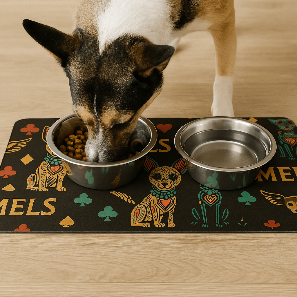 Mel’s Angels Dog Food Mat – Non-Slip, Waterproof Feeding Mat with Day of the Dog Design (15.5" x 31.5") product image (1)