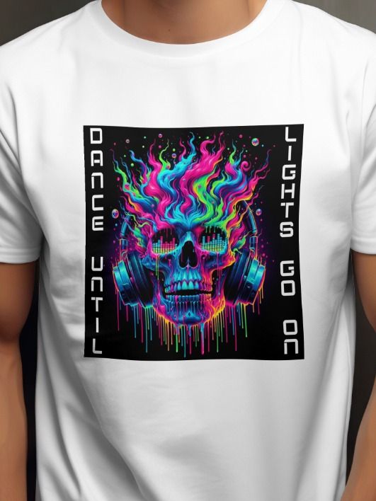 Neon Dance Skull T-Shirt Dance until lights go on product image (1)