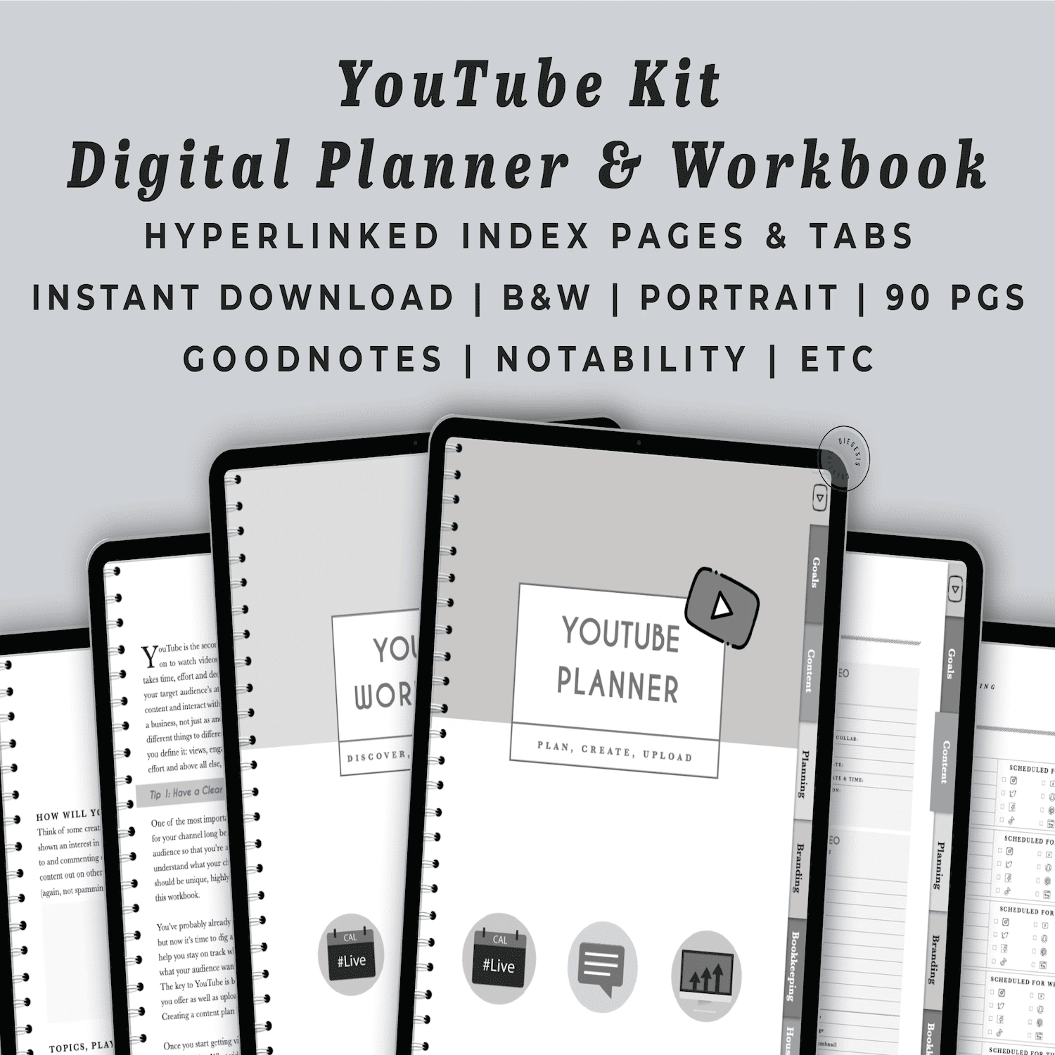 YouTube Digital Planner and Workbook Kit - Grayscale product image (1)