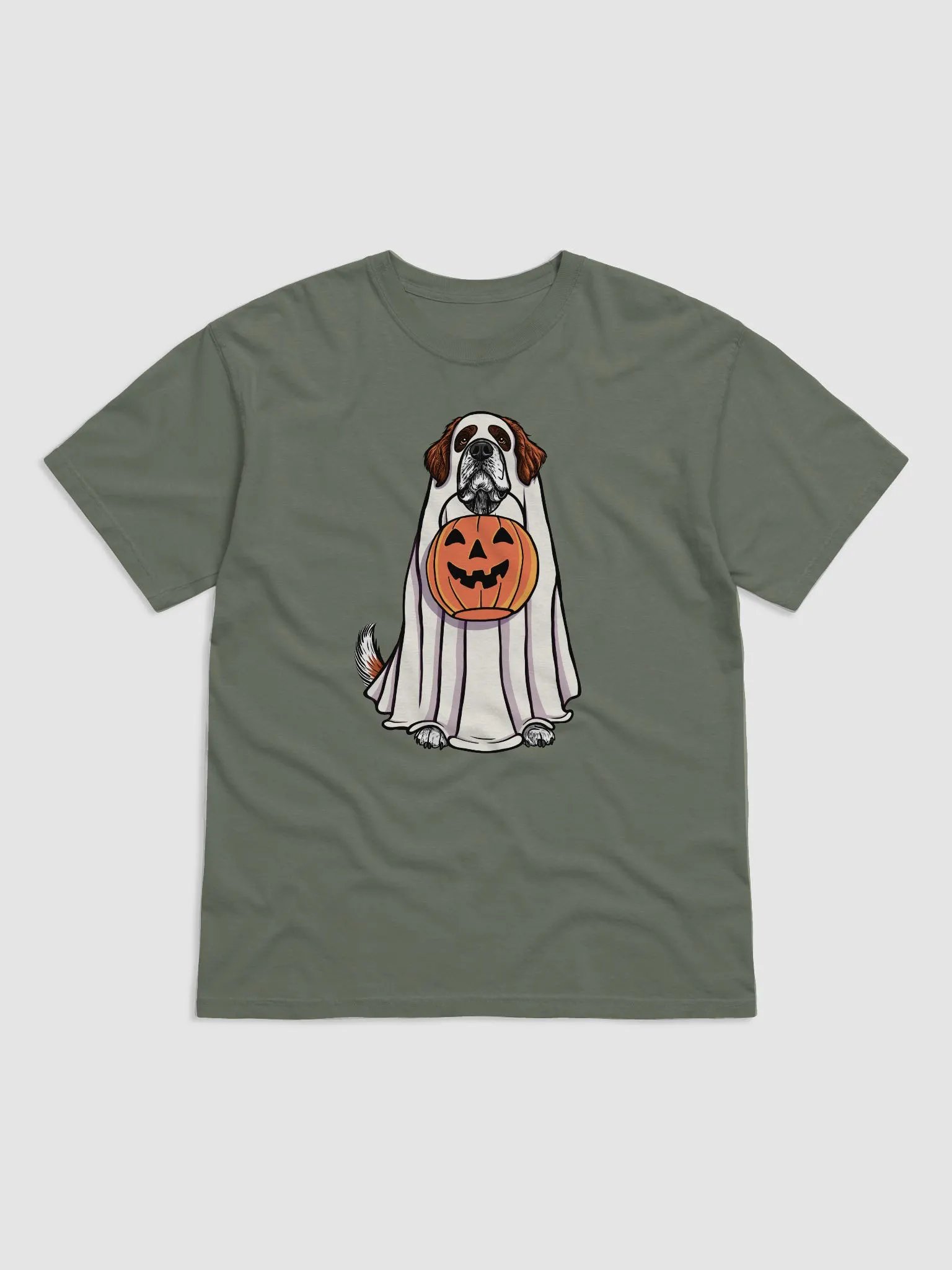 Funny Halloween Saint Bernard T-Shirt | Funny Dog Wearing a Ghost Costume and Holding a Pumpkin Basket product image (12)