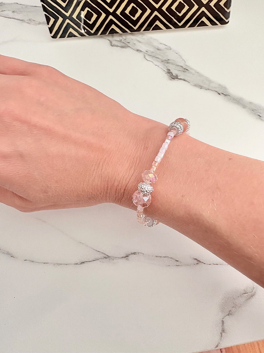 Blush Whisper | Faceted & Iridescent Bead stretch Bracelet with Lobster Clasp | Handmade 7.5" Coastal Charm | by Monique Faella Designs™ | MFD-00053 product image (5)