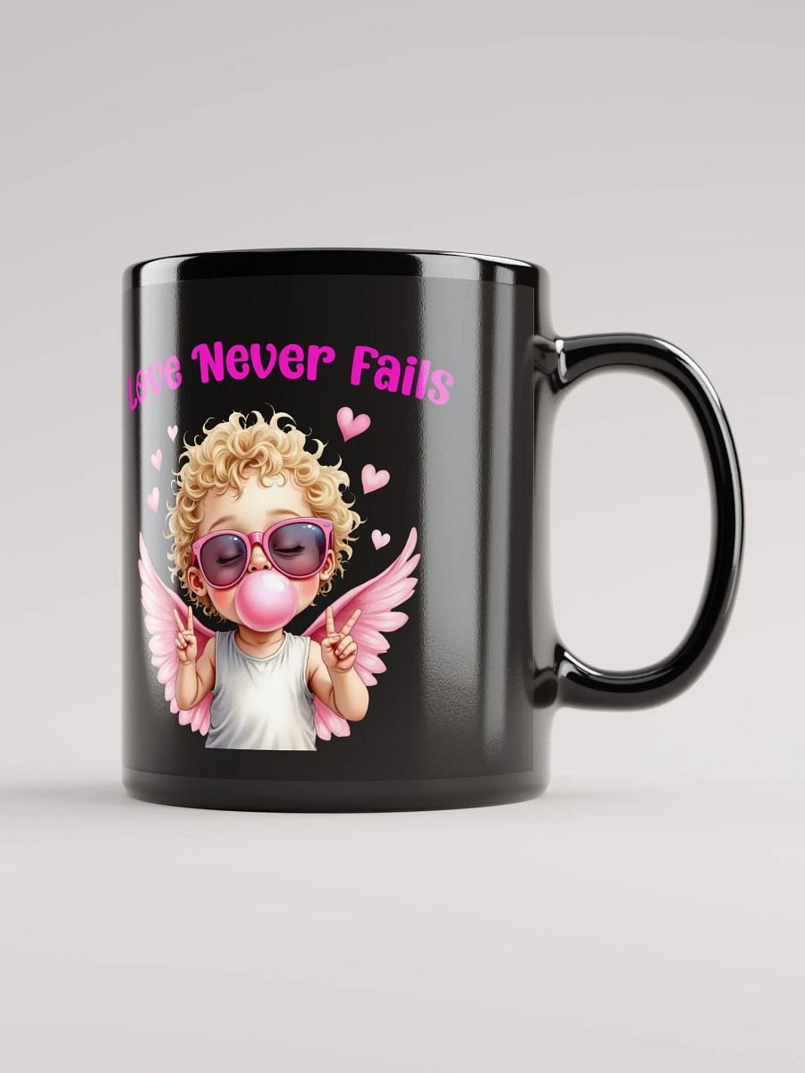 Love Never Fails Valentine Retro Cupid Valentine's Day Black Glossy Mug product image (3)