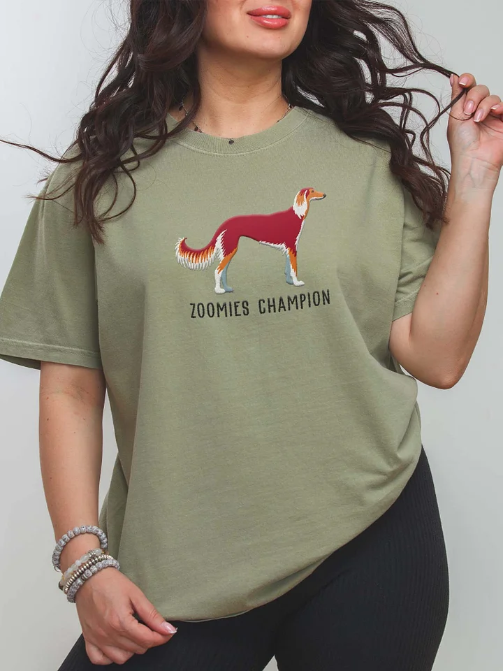 Zoomies Champion T-Shirt(Embroidered) of a Saluki(Chocolate & Tan) product image (2)