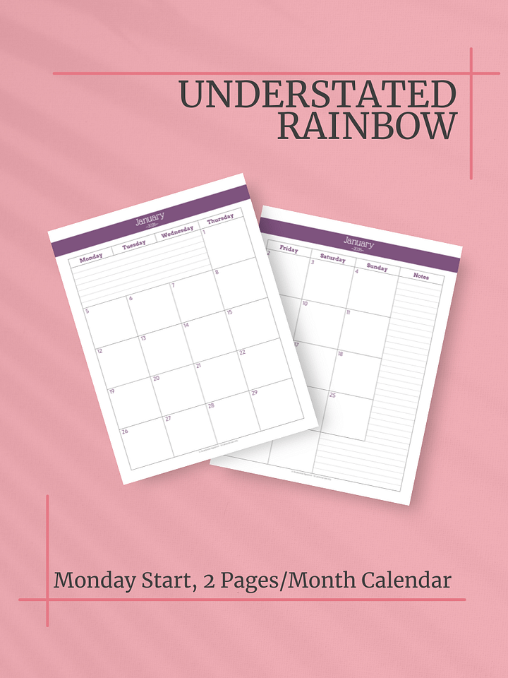 Understated Rainbow 2026 Calendar - 2 Pages per Month, Monday Start, Letter Size product image (1)