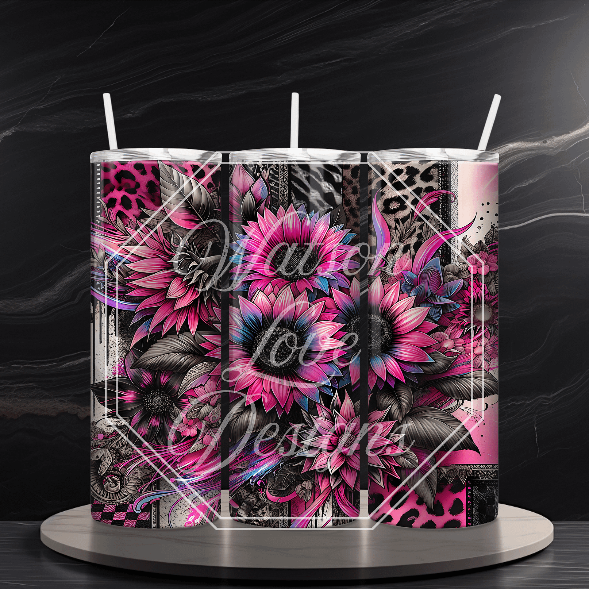 Neon Sunflowers 20 oz Skinny Tumbler Sublimation Design Digital Download PNG Instant DIGITAL ONLY Pink & Blue Tumbler Wrap product image (2)