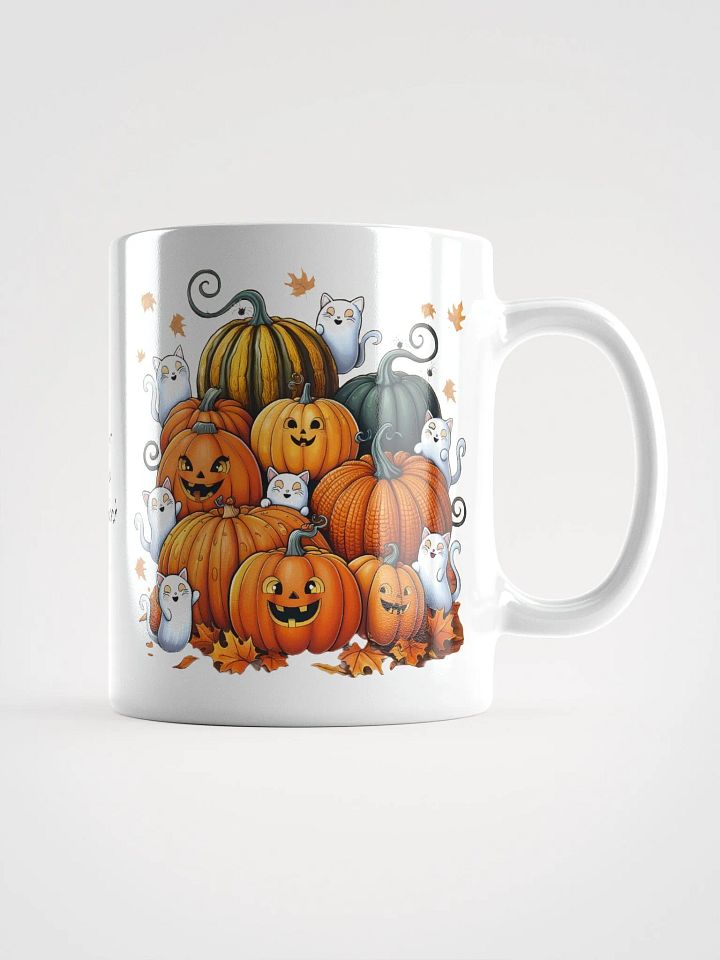 Halloween Pumpkins with Ghost Cats, Bats and Spiders White Glossy Ceramic Mug product image (1)
