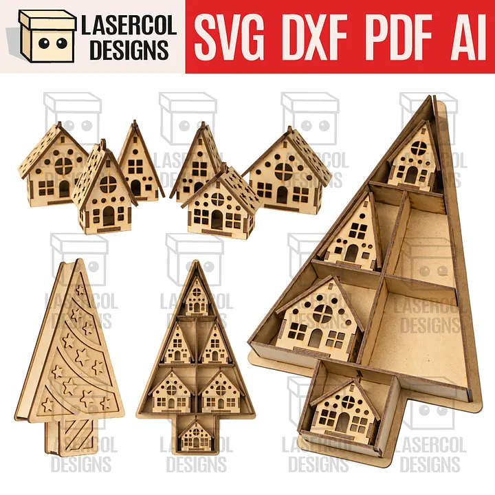 Christmas Houses Ornaments Box - Laser Cut Files product image (1)