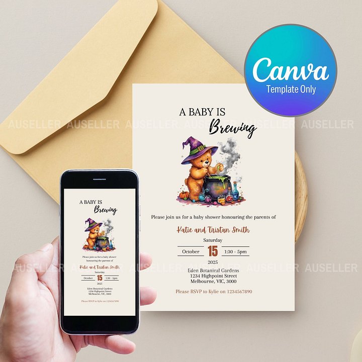 Teddy Bear & Cauldron Themed 'A Baby Is Brewing' Halloween Baby Shower Invitation product image (1)