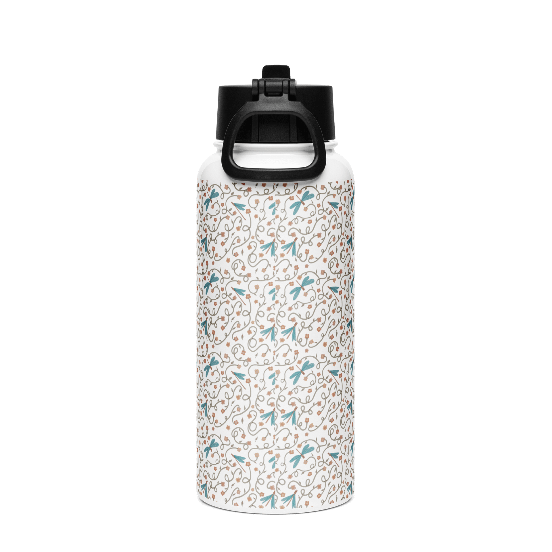 Stainless steel water bottle with straw lid. Dragonfly and floral artistic design product image (2)