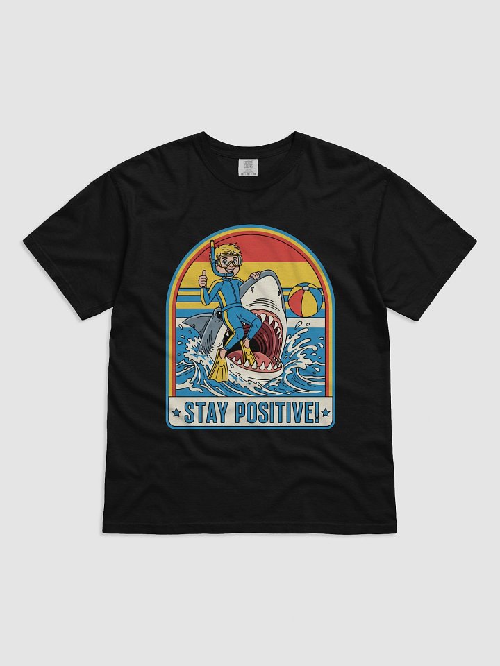 Retro "Stay Positive!" Shark Riding T-Shirt - Funny Vintage Ocean Graphic Tee product image (2)