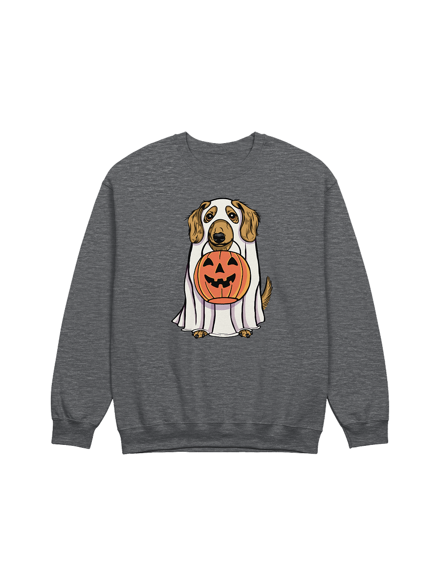 Funny Halloween Longhaired Dachshund(Fawn) Sweatshirt | Funny Doxie/Wiener Wearing a Ghost Costume and Holding a Pumpkin Basket product image (7)