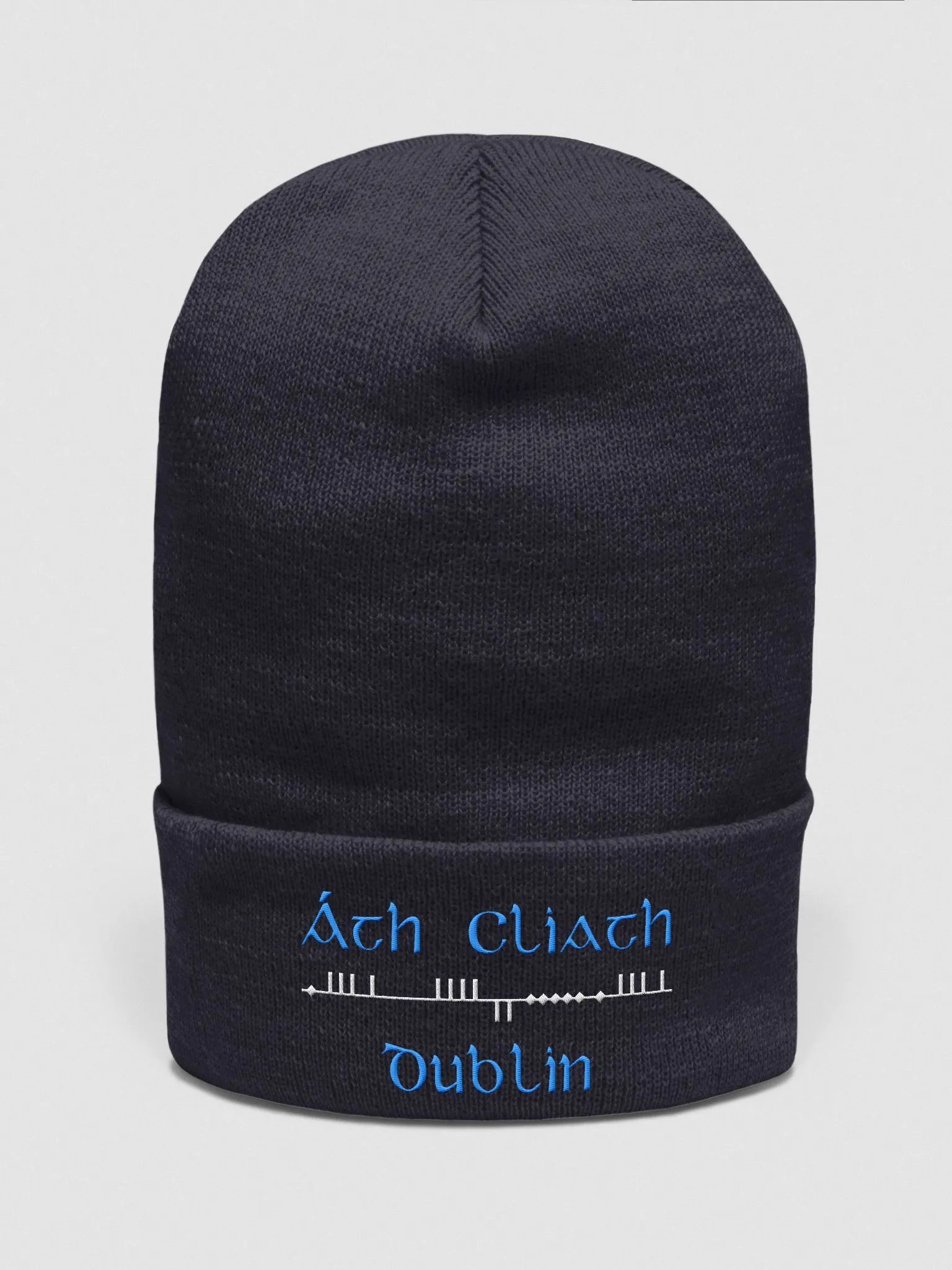 Dublin/Áth Cliath Scholastic style Ogham, Light Blue and white, embroidered Cuffed Beanie product image (1)