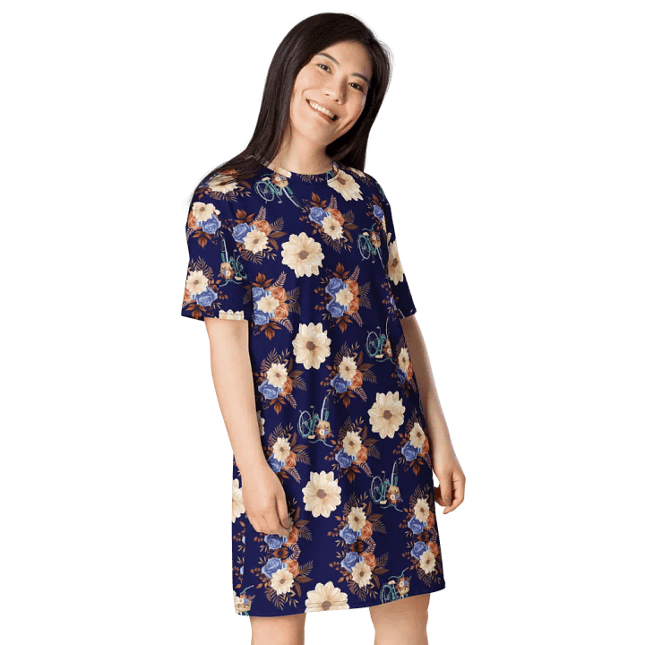 Vintage Vibes | Retro Blue Blossom and Bike T-Shirt Dress product image (1)